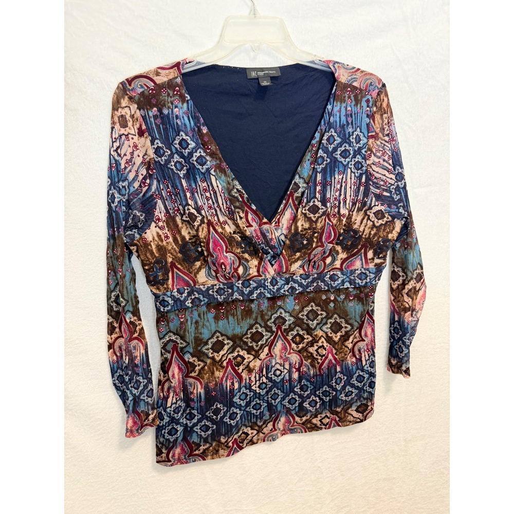 INC International Concepts Woman 2X Paisley Mesh Faux Wrap Top Blue Magenta Boho